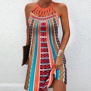 Colorful Halter Neck Tribal Print Dress